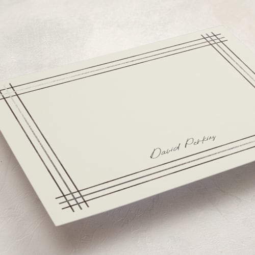 This is a graphite personalized stationery thank you cards with foil pressed by Stacey Meacham called sketched plaid frame printing on signature in 5x7