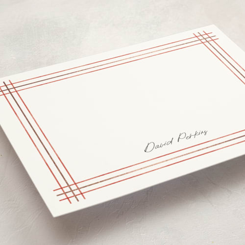 This is a berry personalized stationery thank you cards with foil pressed by Stacey Meacham called sketched plaid frame printing on signature in 5x7