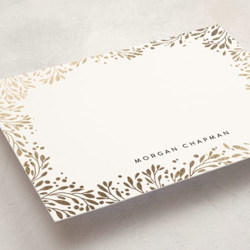 This is a tuxedo personalized stationery thank you cards with foil pressed by Angela Thompson called golden leaf surround printing on signature in 5x7