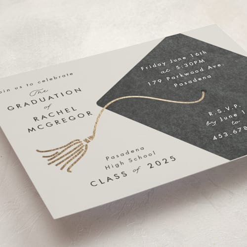 This is a smoke graduation invitations with foil pressed by Catherine Culvenor called shimmering tassel printing on signature in standard