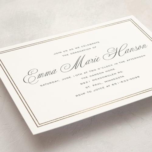 This is a inkwell graduation invitations with foil pressed by Megan Davis called scholarly charm printing on signature in standard
