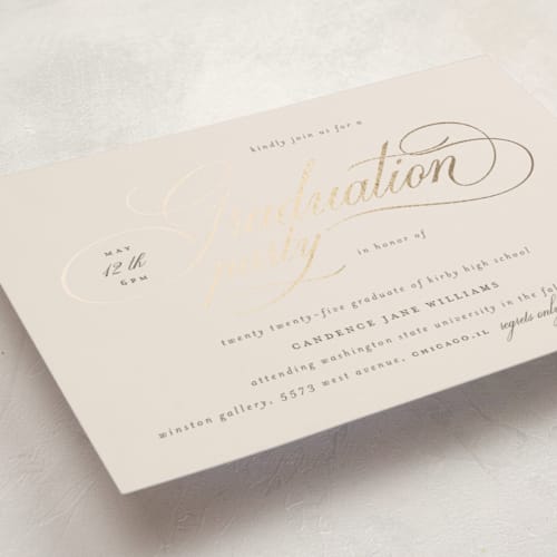 This is a cream graduation invitations with foil pressed by Jelena Vuletic called livia printing on signature in standard