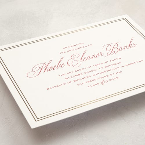 This is a crimson graduation announcements with foil pressed by Megan Davis called scholarly charm printing on signature in standard