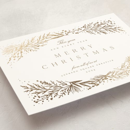 This is a snow business holiday cards with foil pressed by Amy Kross called spread cedars printing on signature in standard