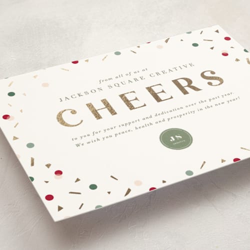 This is a festive business holiday cards with foil pressed by Meggy Masters called cheers to you printing on signature in standard