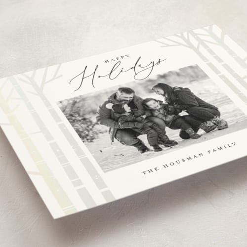 This is a snow gloss press holiday cards with gloss press by Brooke Chandler called birch trees printing on signature in standard