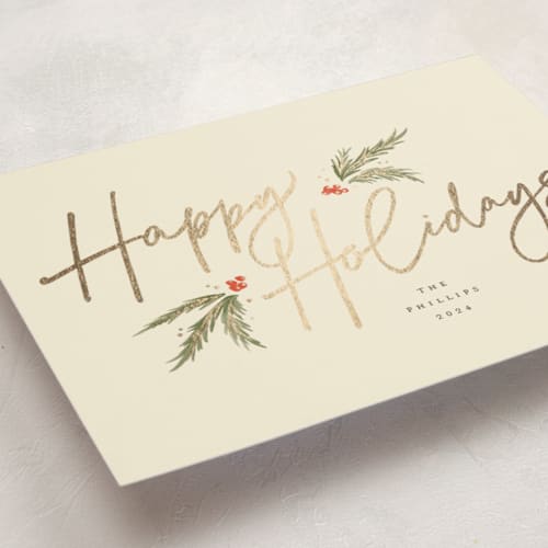 This is a eggnog foil pressed holiday cards with foil pressed by Robert and Stella called holiday script printing on signature in standard