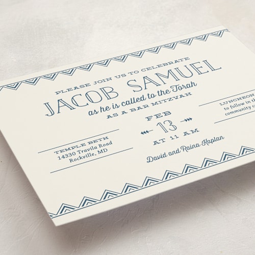 This is a indigo bar mitzvah bat mitzvah invitations with standard by Laura Hankins called sharp printing on signature in standard