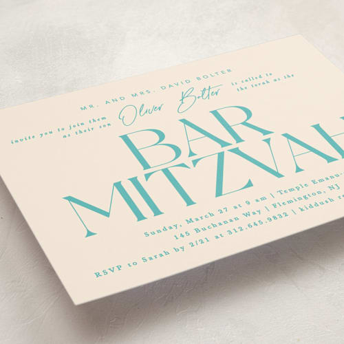 This is a turquoise bar mitzvah bat mitzvah invitations with standard by Creo Study called modern mitzvah printing on signature in standard