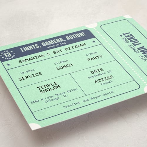 This is a mint bar mitzvah bat mitzvah invitations with standard by Diane Pearse called cinema celebration printing on signature in standard