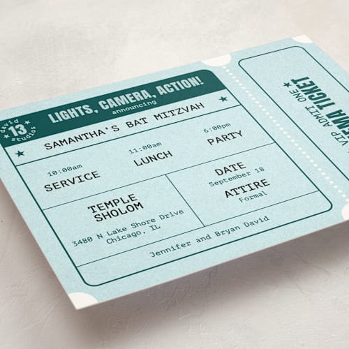 This is a sky blue bar mitzvah bat mitzvah invitations with standard by Diane Pearse called cinema celebration printing on signature in standard