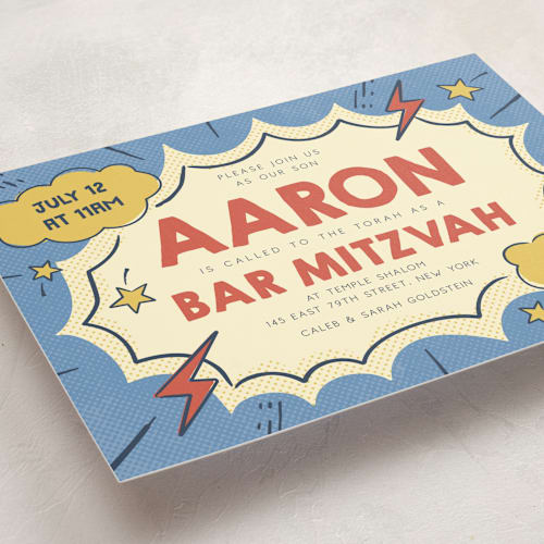 This is a comic pop bar mitzvah bat mitzvah invitations with standard by Vera Lim called pop art printing on signature in standard