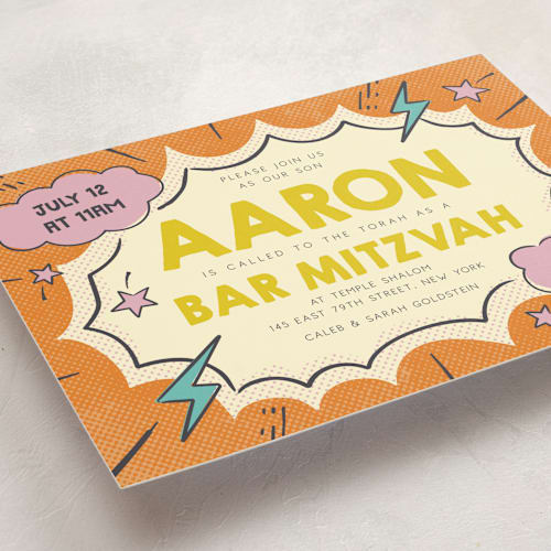 This is a neon retro bar mitzvah bat mitzvah invitations with standard by Vera Lim called pop art printing on signature in standard