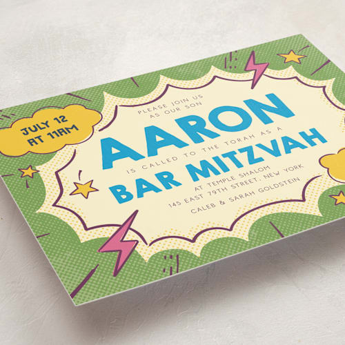 This is a electric grape bar mitzvah bat mitzvah invitations with standard by Vera Lim called pop art printing on signature in standard
