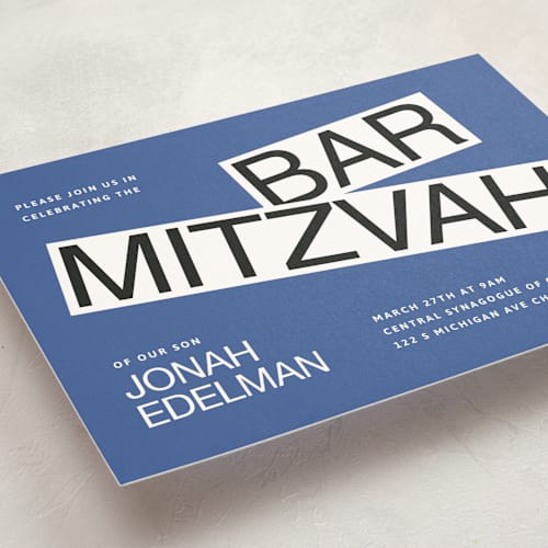 This is a blueberry bar mitzvah bat mitzvah invitations with standard by Inkblot Design called decal printing on signature in standard