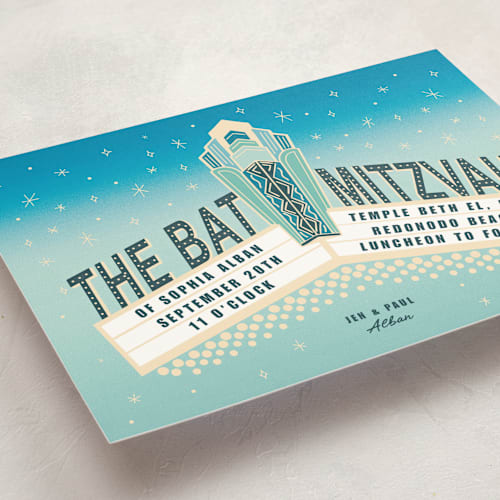This is a cyan bar mitzvah bat mitzvah invitations with standard by Becky Nimoy called bat mitzvah theatre marquee printing on signature in standard