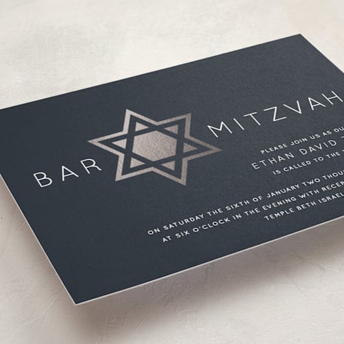 This is a naval bar mitzvah bat mitzvah invitations with foil pressed by Luckybug Designs called shining star printing on signature in standard