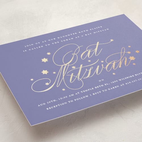 This is a periwinkle bar mitzvah bat mitzvah invitations with foil pressed by Becky Nimoy called bat mitzvah stars printing on signature in standard