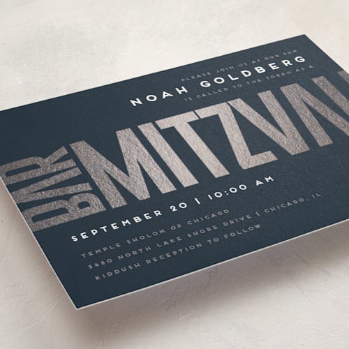 This is a navy bar mitzvah bat mitzvah invitations with foil pressed by Stacy Maalouf called modern foil bar mitzvah printing on signature in standard