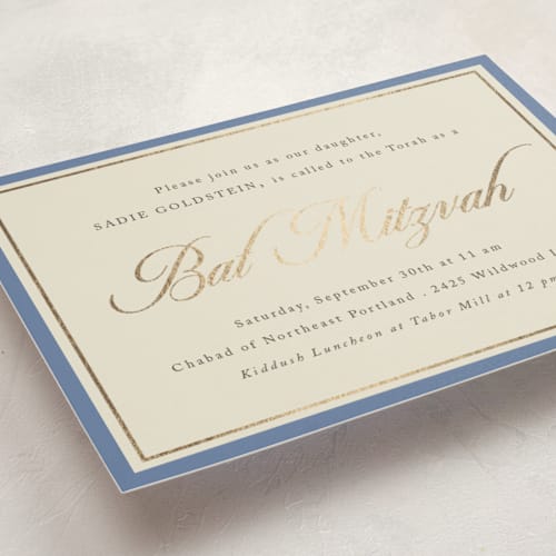 This is a cerulean bar mitzvah bat mitzvah invitations with foil pressed by Morgan Kendall called formal elegance printing on signature in standard