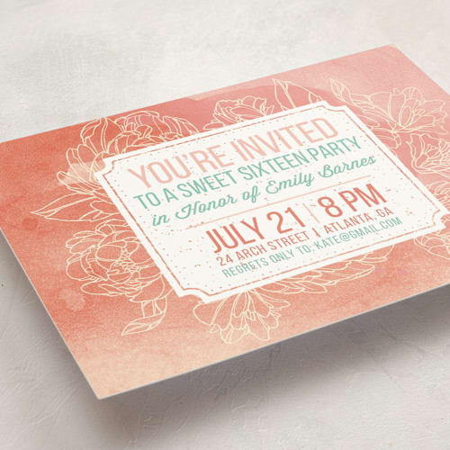 This is a peach sweet sixteen birthday party invitations with standard by Paper Raven Co. called watercolor peonies printing on signature in standard