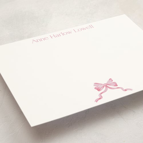 This is a blush personalized stationery thank you cards with standard by Pink House Press called bow printing on signature in 5x7