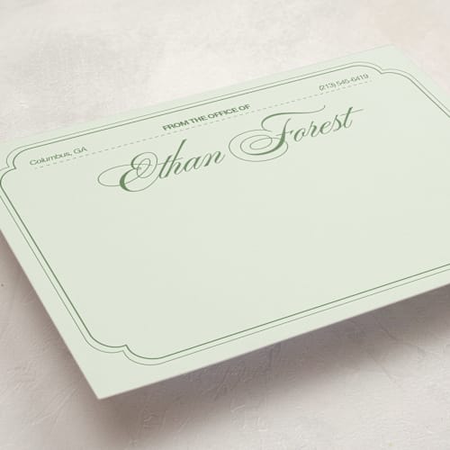 This is a sage personalized stationery thank you cards with standard by Abby Fabrizio called from the office vintage printing on signature in 5x7