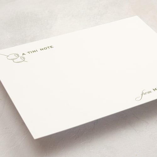 This is a olive personalized stationery thank you cards with standard by Megan Davis called dirty martini printing on signature in 5x7