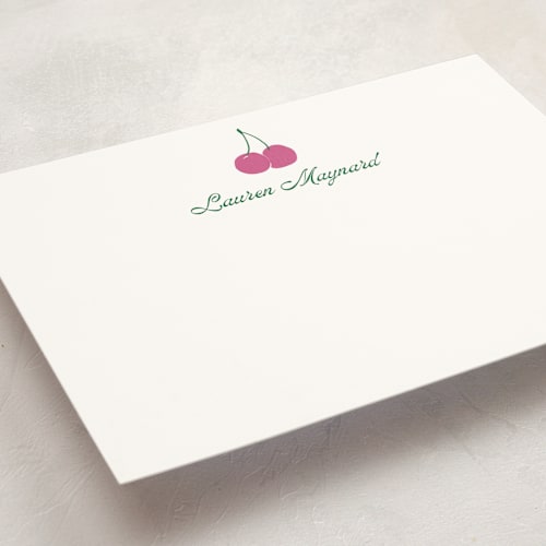 This is a fuchsia personalized stationery thank you cards with standard by Inkblot Design called cheery cherry printing on signature in 5x7