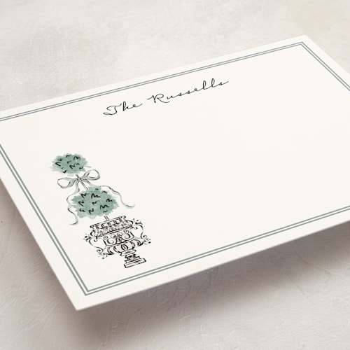 This is a mist personalized stationery thank you cards with standard by Jackie Crawford called hand illustrated topiary printing on signature in 5x7