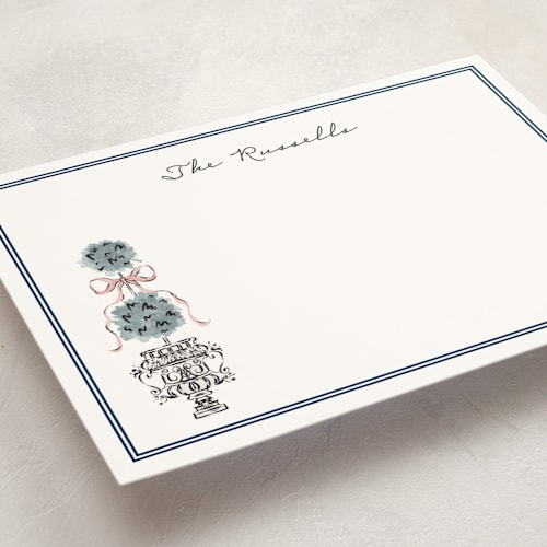 This is a navy personalized stationery thank you cards with standard by Jackie Crawford called hand illustrated topiary printing on signature in 5x7