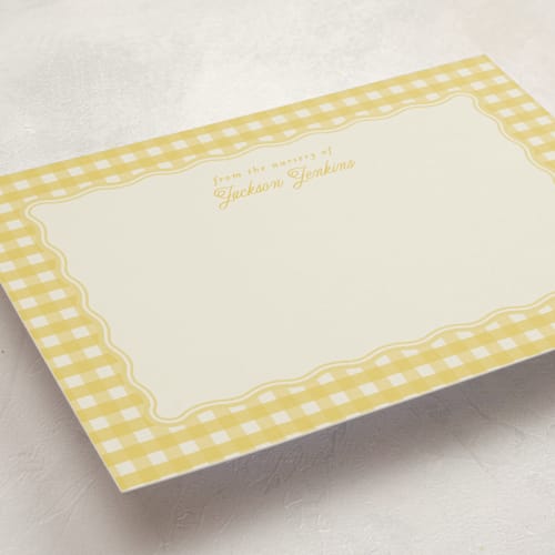 This is a lemonade personalized stationery thank you cards with standard by Brianne Larsen called scalloped gingham printing on signature in 5x7