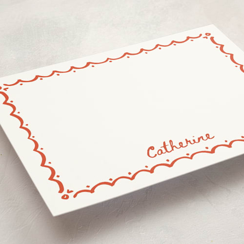 This is a coral personalized stationery thank you cards with standard by Becky Nimoy called inked scallops printing on signature in 5x7