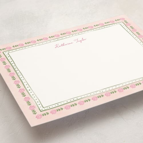 This is a blush personalized stationery thank you cards with standard by Creo Study called botanical border printing on signature in 5x7