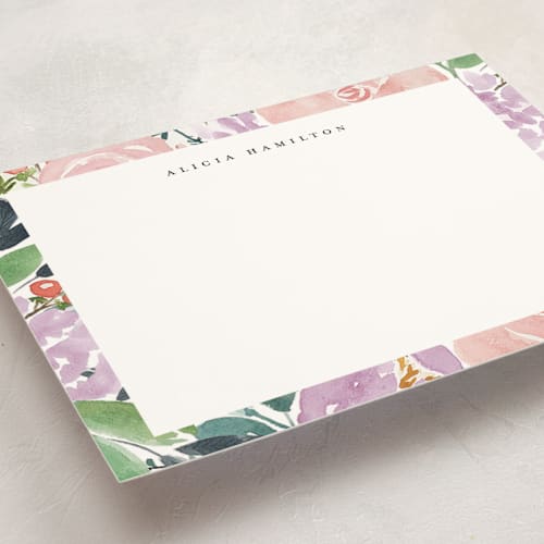 This is a lilac personalized stationery thank you cards with standard by Elizabeth Bishop called in the garden printing on signature in 5x7