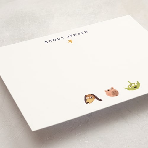 This is a plum personalized stationery thank you cards with standard by Dani Lugato called pixar's toy story toys printing on signature in 5x7