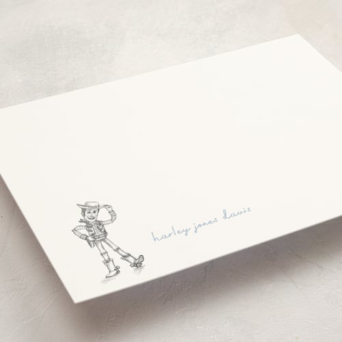This is a powder personalized stationery thank you cards with standard by Anna Black called pixar's toy story in pencil printing on signature in 5x7