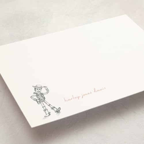 This is a cotton candy personalized stationery thank you cards with standard by Anna Black called pixar's toy story in pencil printing on signature in 5x7