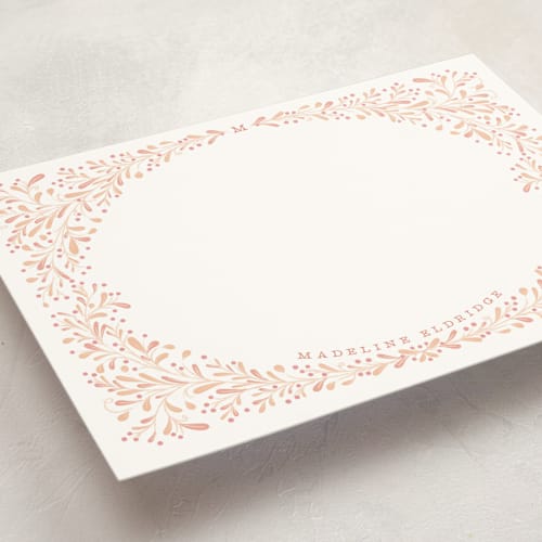 This is a peach and cream personalized stationery thank you cards with standard by Kamala Nahas called botanical border printing on signature in 5x7