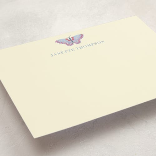 This is a periwinkle personalized stationery thank you cards with standard by IGGI called butterfly notecard printing on signature in 5x7