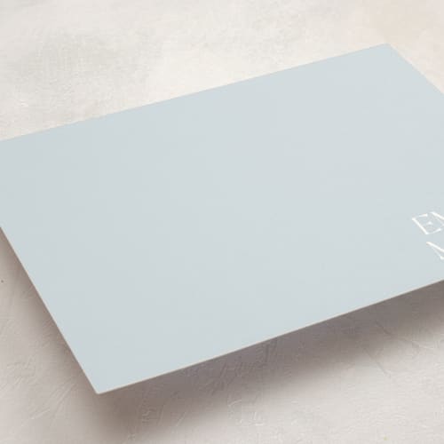 This is a dusty blue personalized stationery thank you cards with standard by Robert and Stella called corner block printing on signature in 5x7