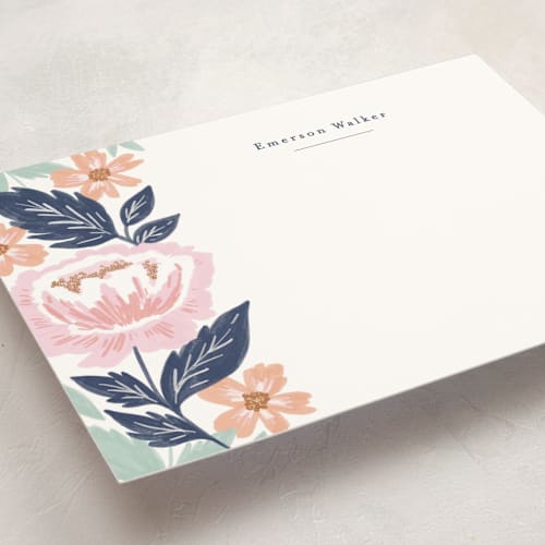 This is a navy personalized stationery thank you cards with standard by Alethea and Ruth called peony floral vine printing on signature in 5x7