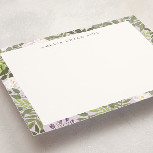 This is a lilac personalized stationery thank you cards with standard by Elizabeth Bishop called amelia printing on signature in 5x7