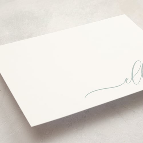 This is a teal personalized stationery thank you cards with standard by Lori Wemple called pretty script printing on signature in 5x7