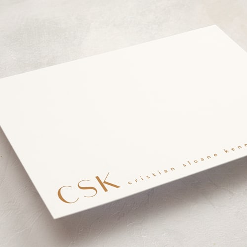 This is a golden personalized stationery thank you cards with standard by Angela Garrick called monogram corner printing on signature in 5x7