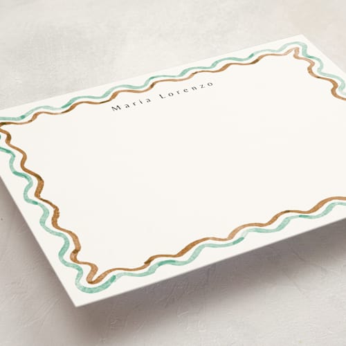 This is a mint chocolate personalized stationery thank you cards with standard by Cass Loh called watercolor wavy border printing on signature in 5x7