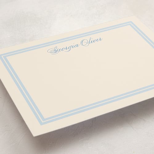 This is a powder blue personalized stationery thank you cards with standard by Carolyn MacLaren called classic start printing on signature in 5x7