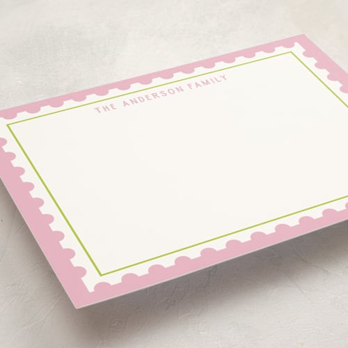 This is a peony personalized stationery thank you cards with standard by Ilene Guy called postage stamp printing on signature in 5x7