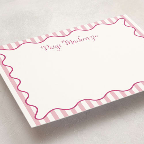 This is a bubblegum personalized stationery thank you cards with standard by Meredith Collie called stripes & squiggles printing on signature in 5x7