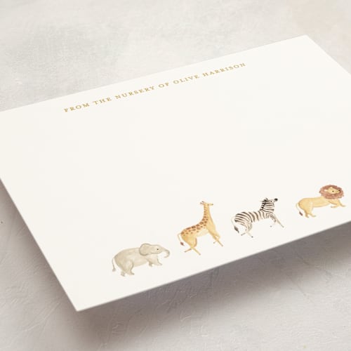 This is a butter personalized stationery thank you cards with standard by Sarah Knight called menagerie printing on signature in 5x7